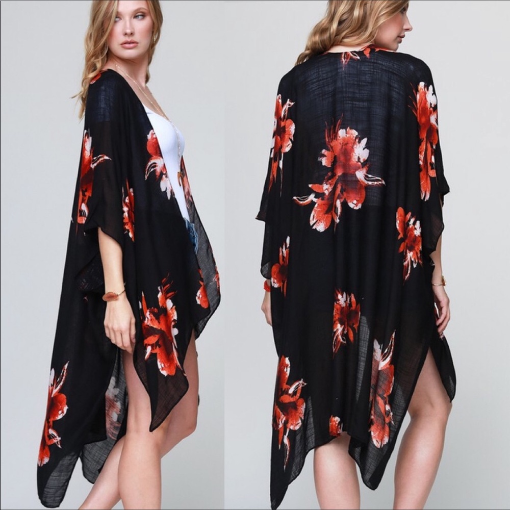 Black Floral Kimono / Cover up - Picture 2 of 4